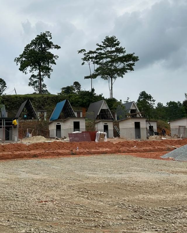 Tapak yang sama kini: deretan A-frame di bawah dua pokok tinggi yang sama